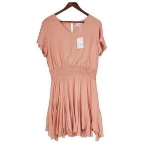 Heyson Smocked‎ V Neck Short Sleeve Flowy Crinkle Skirt Peach Dress SZ:L